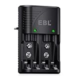 EBL Akku Ladegerät für AA AAA 9V NIMH NICD Akkus, 4-Ladefach Smart Plug Batterieladegerät, Multi-Schutz, LED-Anzeige, Schnellladegerät für AA AAA 9V