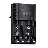 EBL Akku Ladegerät für AA AAA 9V NIMH NICD Akkus, 4-Ladefach Smart Plug Batterieladegerät, Multi-Schutz, LED-Anzeige, Schnellladegerät für AA AAA 9V