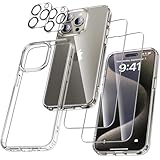 UniqueMe für iPhone 15 Pro Hülle, 5-in-1-Set Handyhülle für iPhone 15 Pro Case Rundumschutz Schutzhülle Cover, 1 Handyhülle & 2 Schutzfolie & 2 Kameraschutz - Transparent